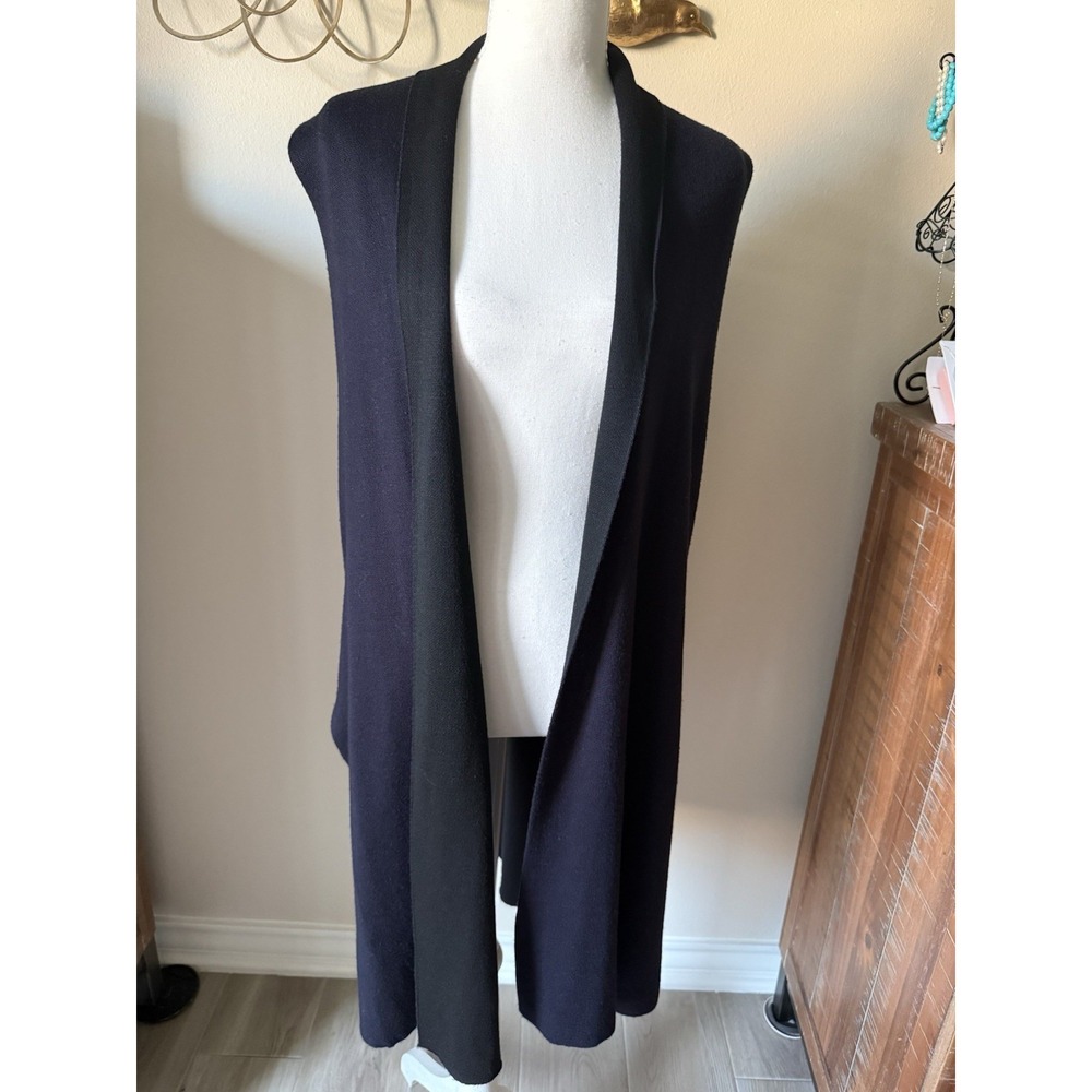 August Silk Womens L Long Open Front Sweater Vest Navy Black Colorblock Cotton
